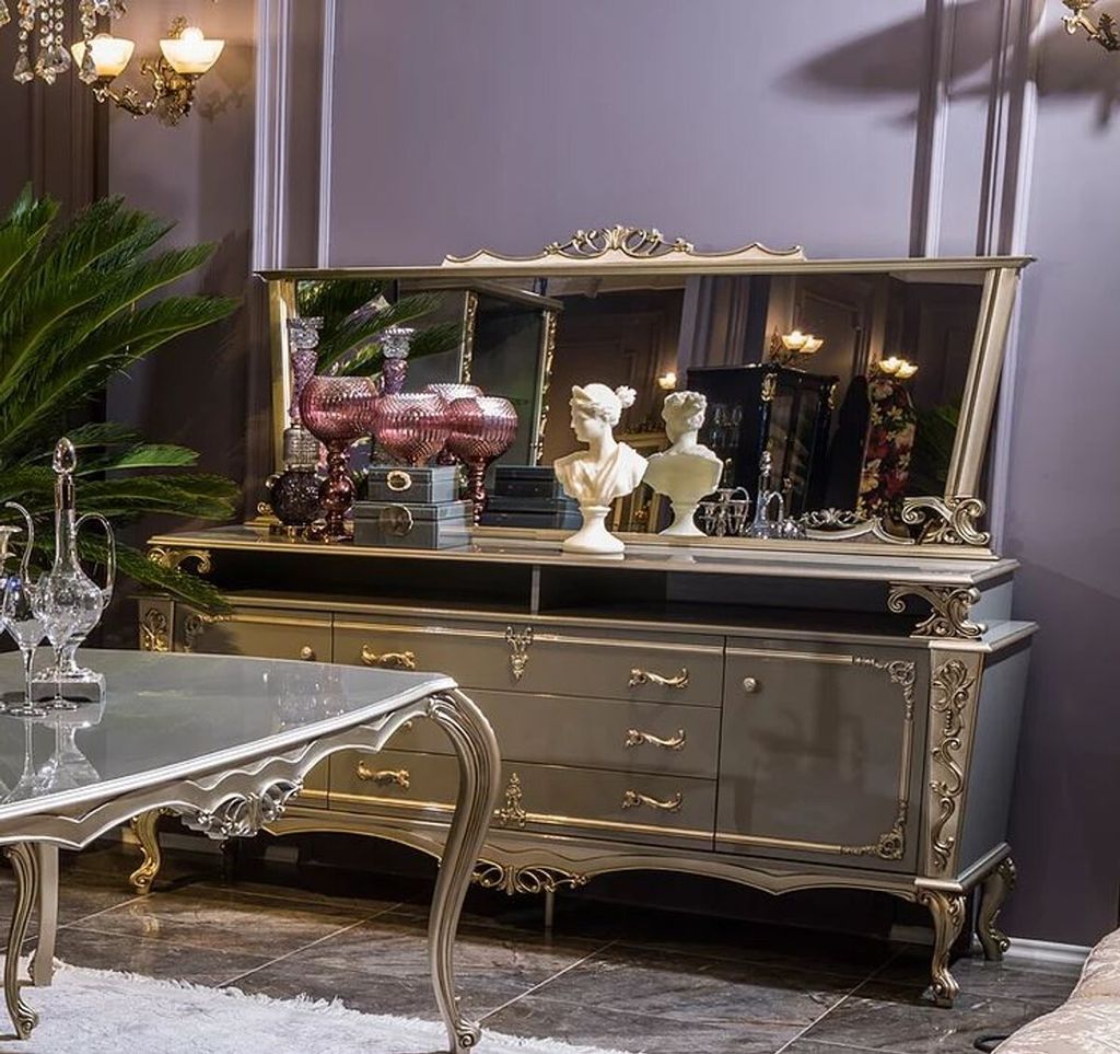 Casa Padrino Luxus Barock Möbel Set Sideboard mit Spiegel Grau / Silber - Prunkvoller Massivholz Schrank mit elegantem Wandspiegel - Möbel im Bar...
