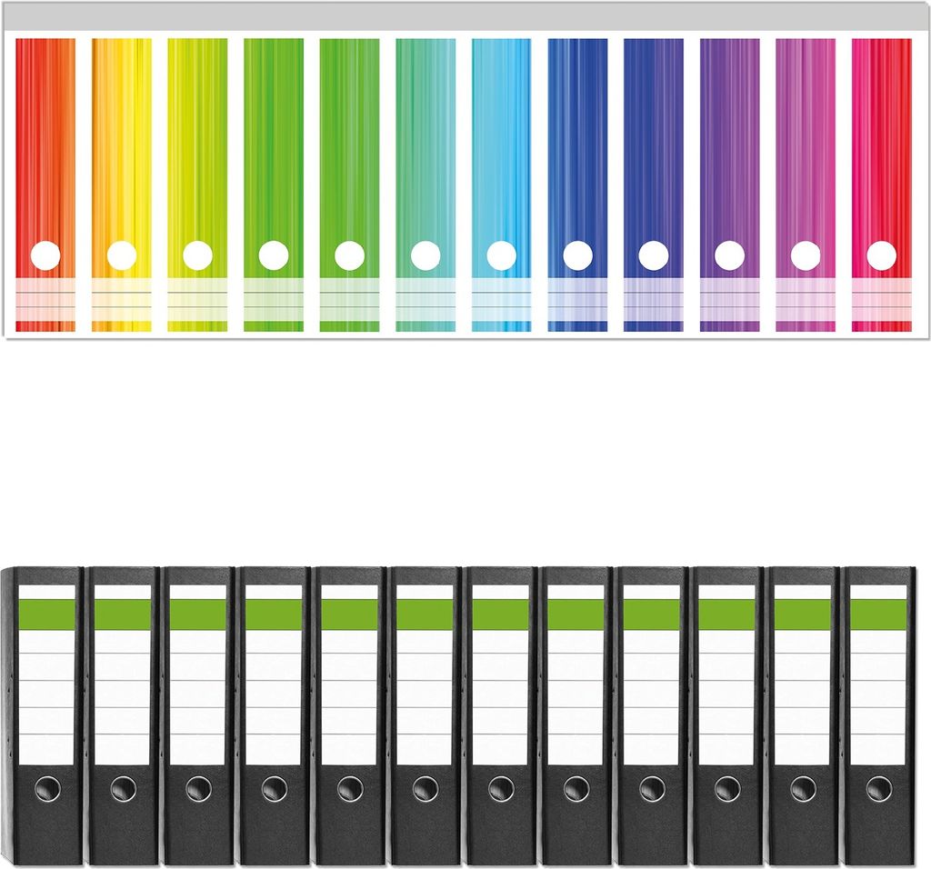 Wallario 12 Stück breite Ordner inkl. Klebeetiketten mit Motive Regenbogenmuster - Farben rot, gelb, grün, blau, pink und rot - Set mit Rückens...