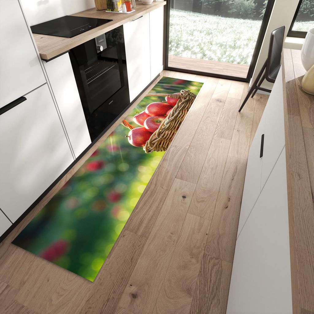 Küchenteppich 60x270cm rutschfest & abwischbar PVC Läufer - Korb mit roten Äpfeln