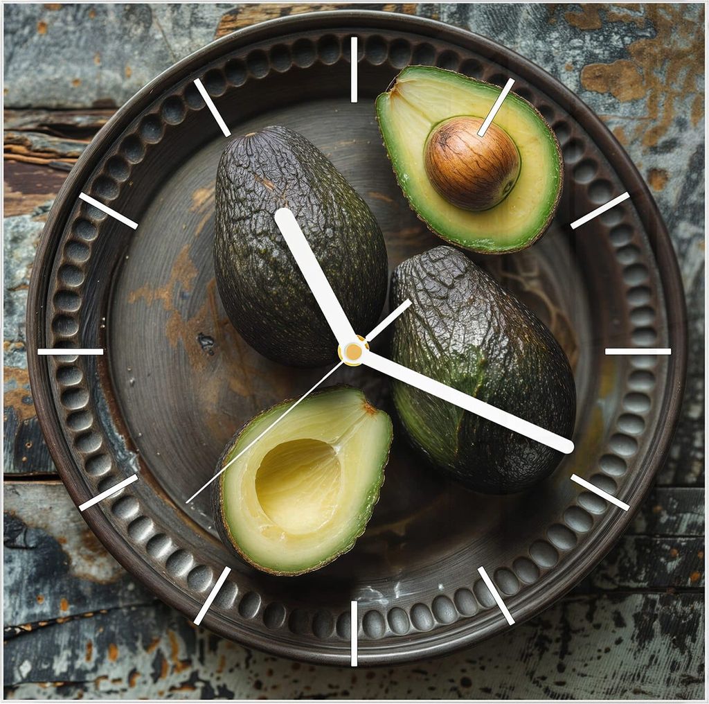 Wanduhr aus Glas mit Motiv Avocados Holzteller- 30 x 30 cm - inkl. Aufhängesystem