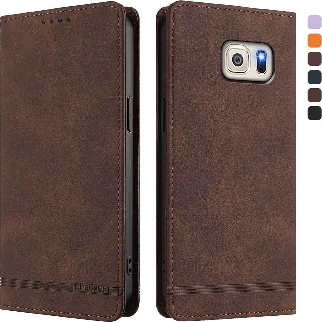 Hülle für Samsung Galaxy S6 Edge, Retro Kunstleder Ständer Klapphülle mit Kartenfächer und Magnetische Braun