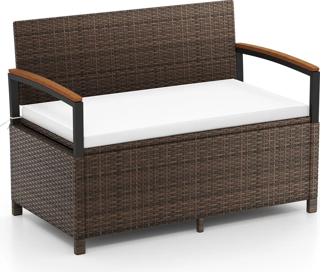 Banc coffre de jardin en polyrotin blanc avec coussins d'assise 120 cm