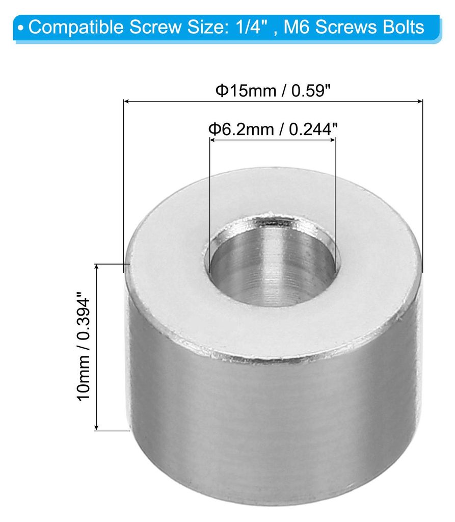 M6 5Stk Runde Aluminum Abstandshalter Metall Unterlegscheiben 6.2mm ID x 15mm AD x 10mm L Dicke Distanzhš¹lsen Schraube Abstand fš¹r 1/4" oder ...