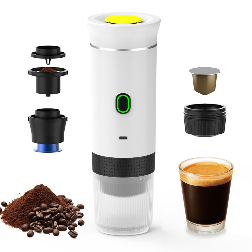Tragbare Kaffeemaschine fuers Auto, Zuhause, auf Reisen, 3-in-1-kabellose elektrische Kaffeemaschine, funktioniert mit Kapseln und gemahlenem Kaffe...