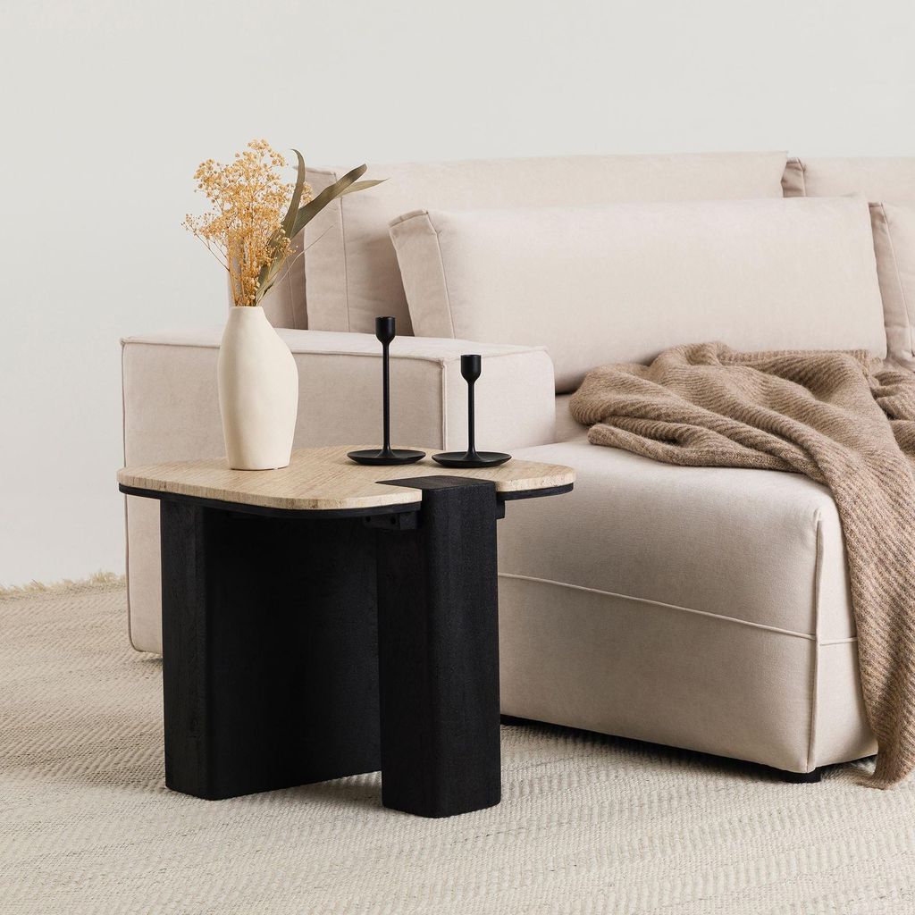 Couchtisch DELHI 50 cm aus Travertin und Mango Massivholz, Produktbild 