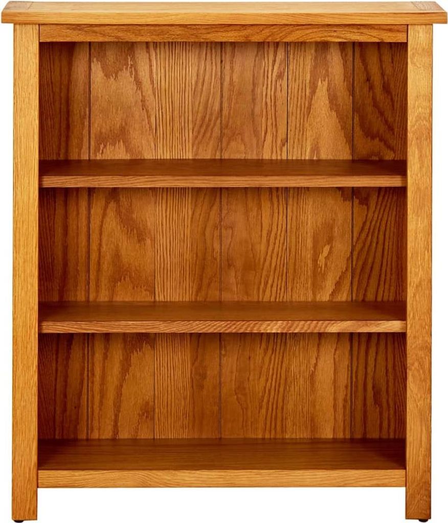 A wooden bookshelf with three shelves against a white background.