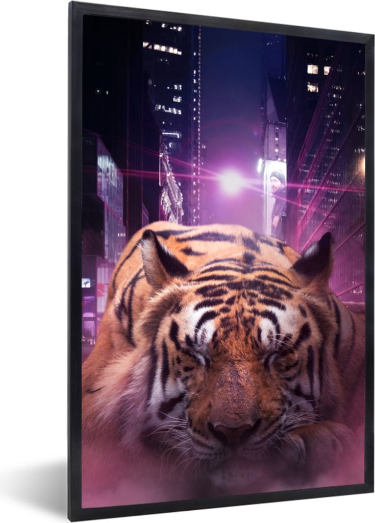 MuchoWow MuchoWow Gerahmtes Poster Tiger - Stadt - Lila 60x90 cm - Poster mit zchwarzem Bilderrahmen - Kunst