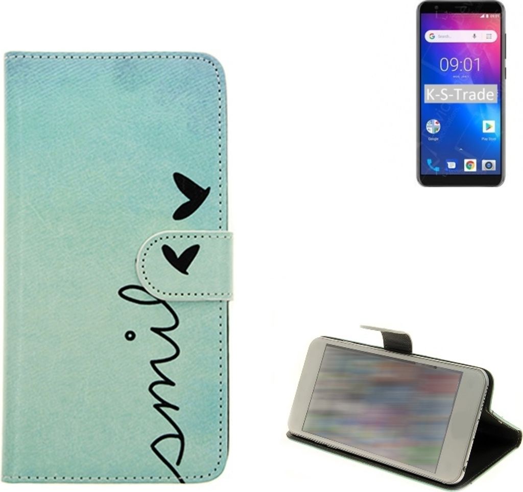 K-S-Trade Schutz-Hülle Handy-Hülle kompatibel mit Ulefone S1 Hülle Wallet Case Flip cover bookstyle Etui Handyhülle ''smile'' türkis