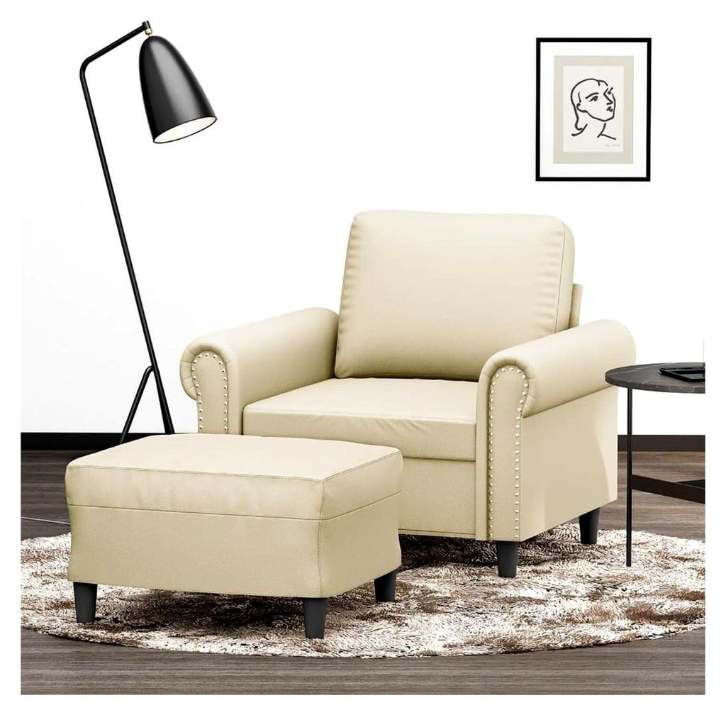 Sessel mit Hocker in Creme, 60 cm Sitzbreite, Kunstleder, Robustes Metallgestell, Bequemer Relaxsessel für das Wohnzimmer, Modernes Design, Langlebig