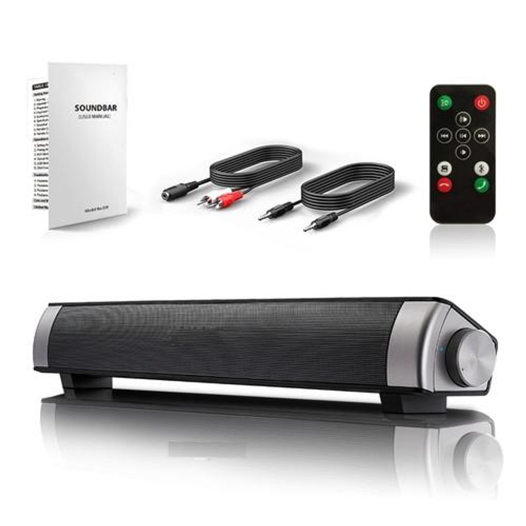 A soundbar and its accessories are displayed against a white background.