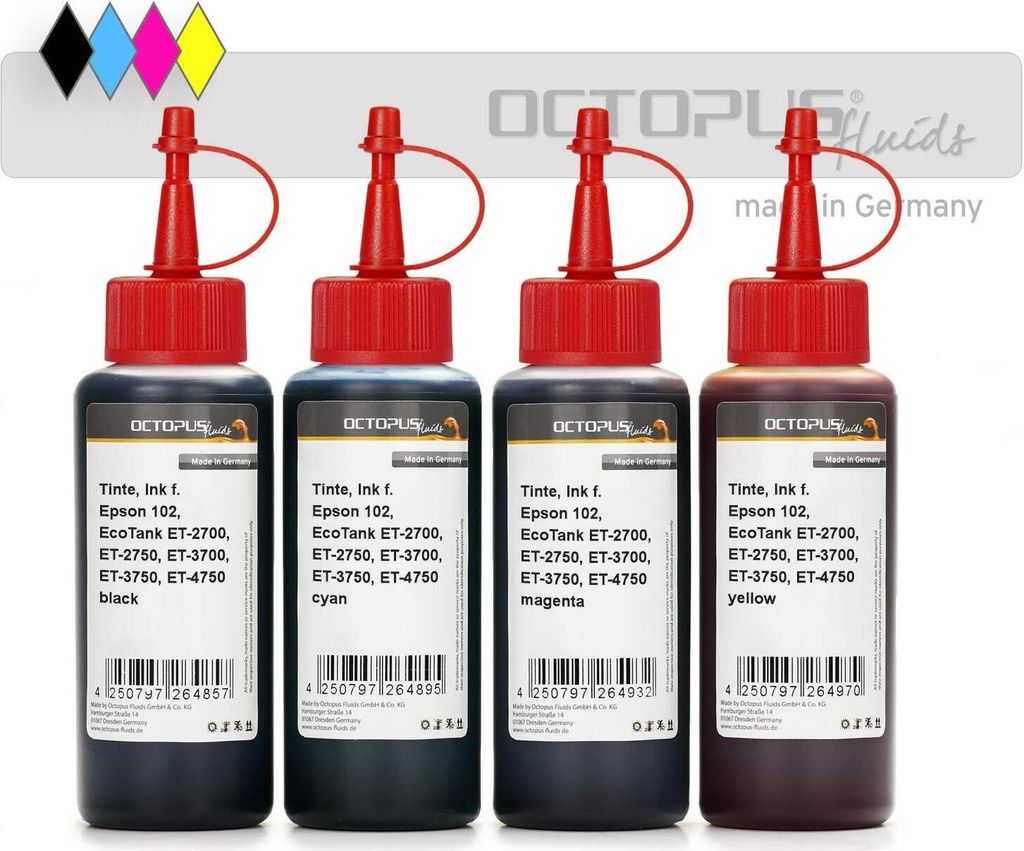 Druckertinte für Epson 102, EcoTank ET-2700, ET-2750, ET-3700, ET-3750, ET-4750 CMYK 4x 100 ml