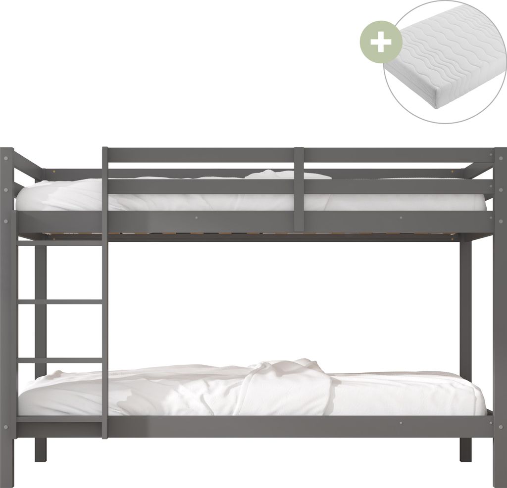 Sunny Jip Etagenbett aus Holz in Grau | Kinderbett für 2 Kinder Mit 2 Matratzen | Stockbett in 208 x 97 x 140cm | Für Matratzengröße: 90 x 200 cm