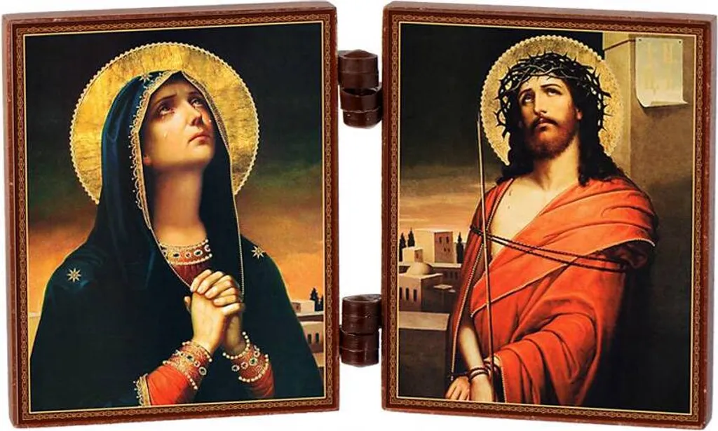 Diptyque religieux en bois Marie et Jésus icône de dévotion voyage