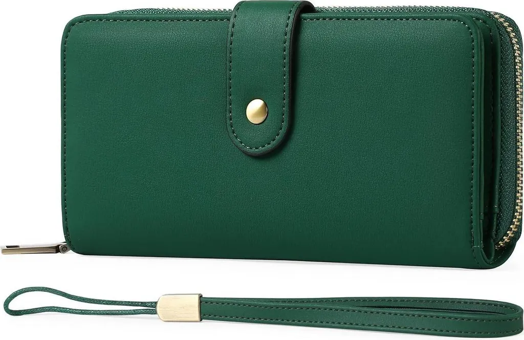 Portefeuille Femme Anti-Piratage RFID Cuir Véritable 14 Cartes Vert Chic