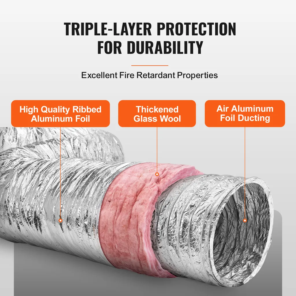 VEVOR tubo flessibile in alluminio lungo 7620 mm tubo di ventilazione Φ258 mm tubo flessibile in alluminio condotto d'aria R-6 valore di resistenza termica 25 mm spessore del tubo tubo tubo in alluminio Owens corning isolamento ovatta condotti d'aria - 3