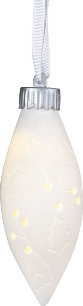 A white porcelain Christmas ornament with embedded LED lights.