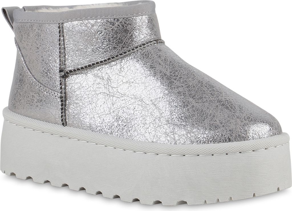 VAN HILL Damen Warm Gefütterte Plateau Boots Stiefeletten Schuhe 840485, Farbe: Silber, Größe: 36