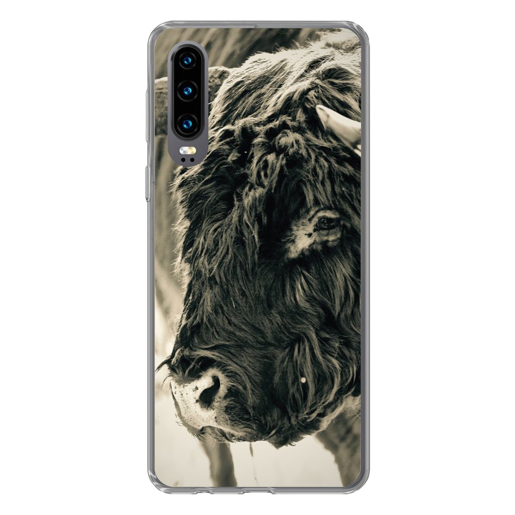 MuchoWow Handyhülle Schutzhülle Hülle für Huawei P30 Schottischer Highlander - Schnee - Hörner Silikon Softcase Handy Hülle - Kartenbesitzer