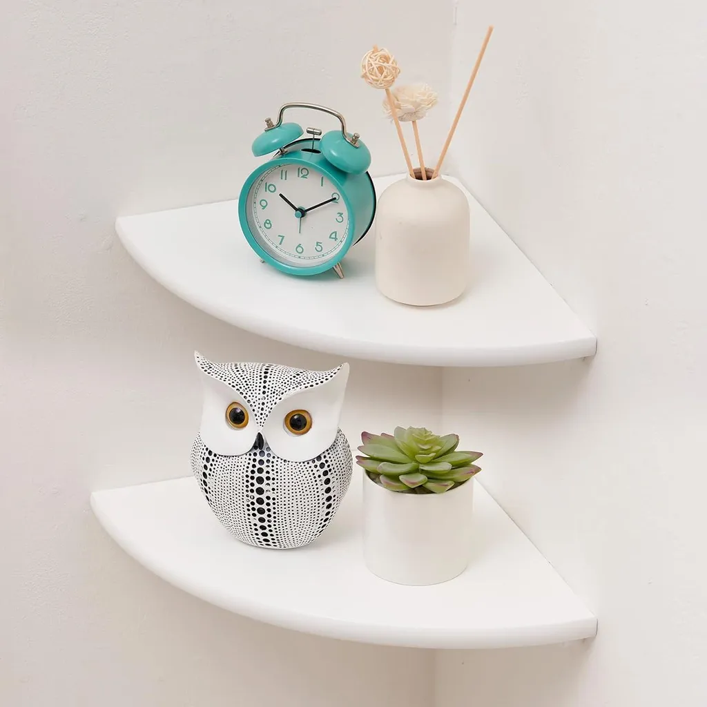 Lot de 2 Étagères d'Angle Suspendues en Chêne Massif Blanc de 18 cm