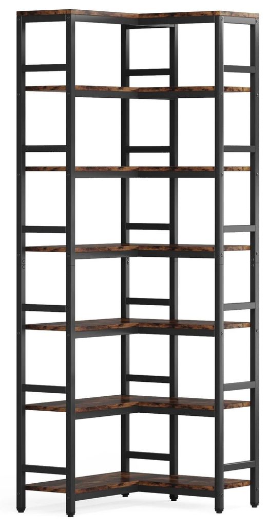 Eck-Bücherregal - Industrielles Etagere Standregal - 7 Ebenen, 200 cm hoch, 60x24 cm, Metallrahmen & Holzpaneele, Retro Stil - Schokoladenbraun