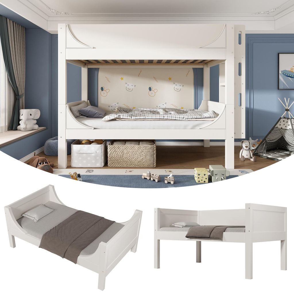 Clinvia Trennbares Etagenbett 90x200 mit Flexibel Montierbarer Leiter, Schlittenform Design, Kinderbett mit 2 Einzelbetten Teilbar, Jugendbett, Weiß