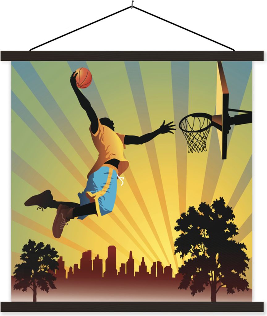 MuchoWow Textilposter Ein stilvoller Basketballspieler wirft in einer Illustration 40x40 cm mit schwarzem Rahmen - Fotos