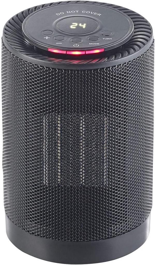 A black ceramic heater with a digital display and controls on top, set against a white background.