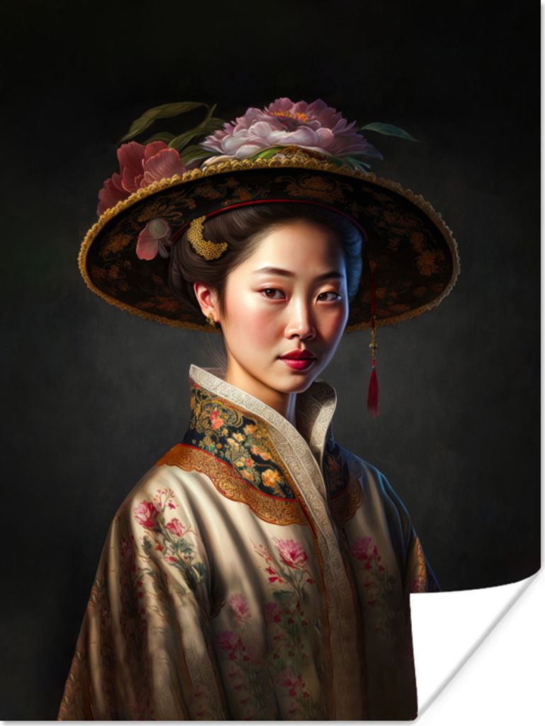 MuchoWow Poster Frau - Porträt - Blumen - Hut - Asiatisch 30x40 cm - Wandplakat - Poster Kinderzimmer