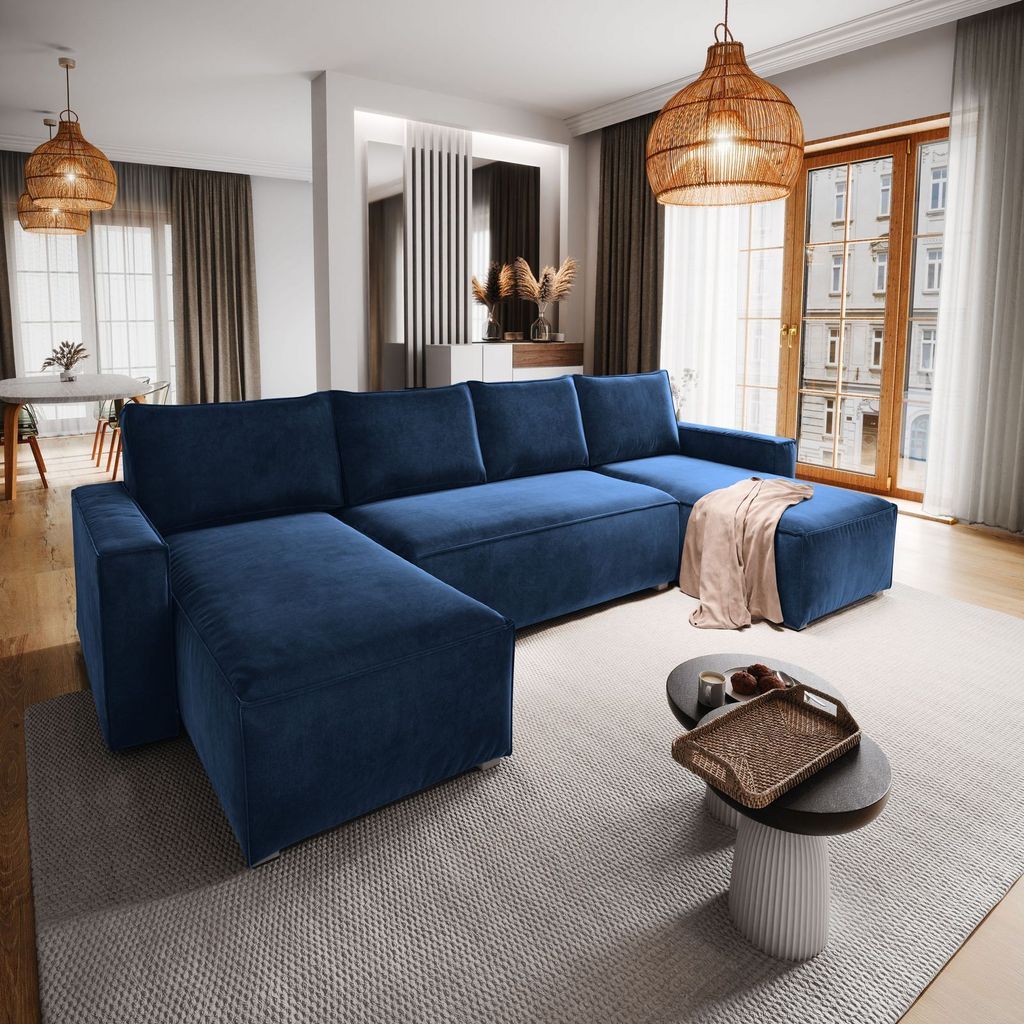 Masseno Ecksofa DENI mit Schlaffunktion U-Form, Sofa mit Bettkasten, Wohnzimmersofa, Couch, Soffa, Bettsofa, Couchgarnitur- Blau, MONOLITH 77