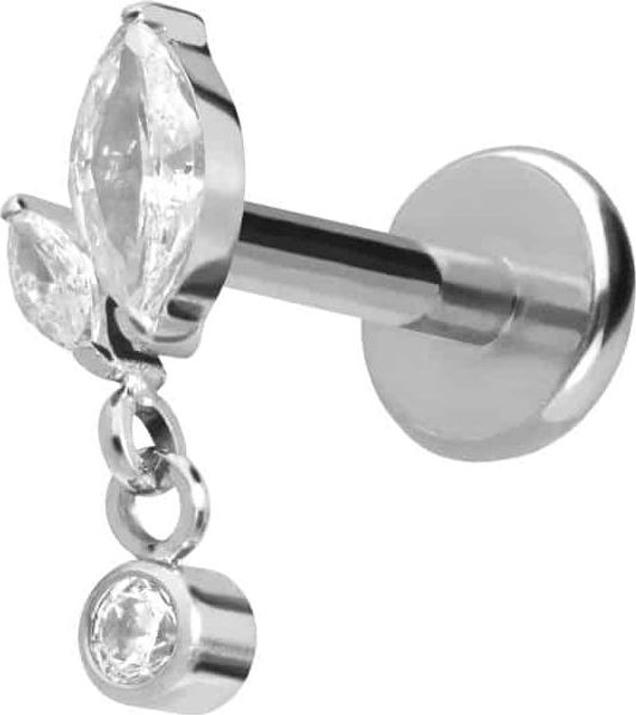 Ohrpiercing, Nasenpiercing Titan Labret mit Push Fit KNOSPE + KRISTALL Silber Stablänge: 10mm | Stabstärke: 1mm