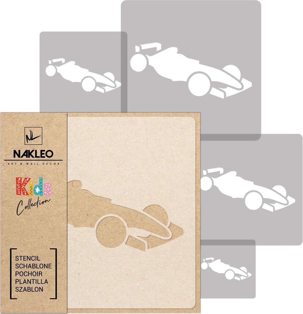 Schablonen Malen für Kinder, 5 Stück Set 9x9 cm bis 34x34 cm Rennsport Auto Bolide, Wiederverwendbare Kunststoff für Kinderzimmer Malvorlage Rau...