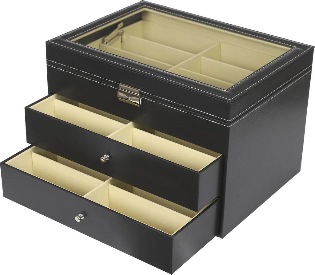 Brillen & Sonnenbrillen Aufbewahrungsbox - Displaykoffer - 24 Fächer - 3 Ebenen - Glasdeckel - Abschließbar mit Schlüssel - Schwarz
