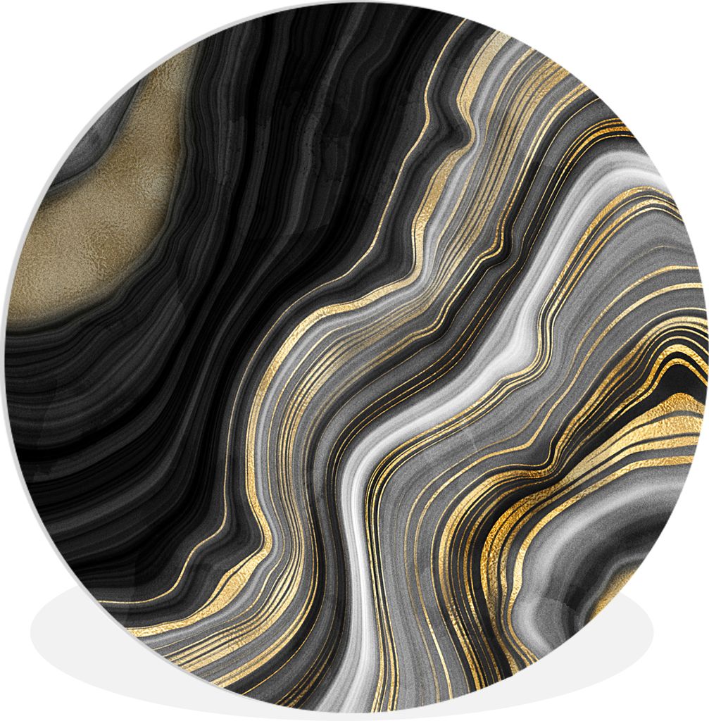 MuchoWow Rundes Wandbild - Runde Bilder Marmor - Stein - Achat - Schwarz und Gold Ø 30 cm Kreis Wanddekoration Kunststoff - Wandkreis - Wandschm...