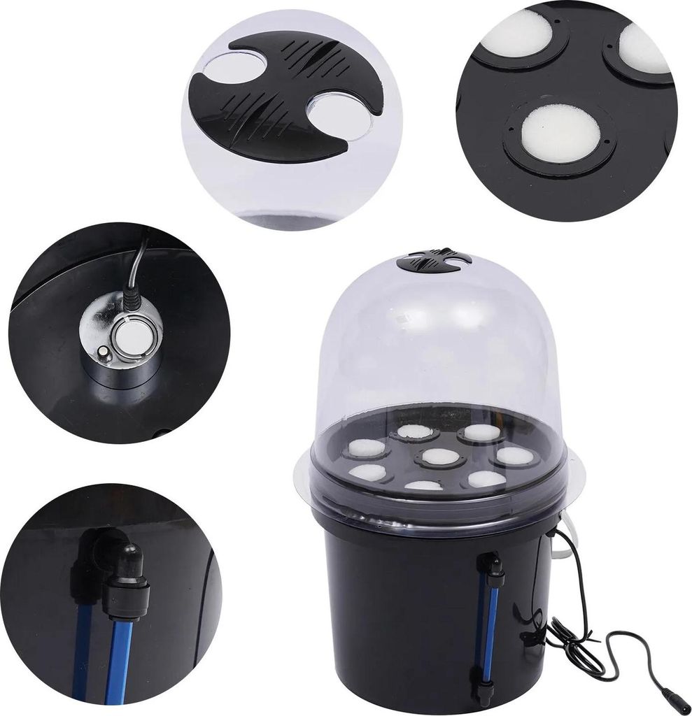 Hydroponik Anbaueimer - Komplett-Set Hydroponik-System - Mit Timer - Für Gemüse und Kräuter - Innenbereich - Langlebig - Schwarz