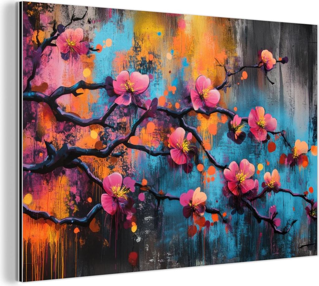 MuchoWow Wanddekoration Metall Metallbild Wandkunst 120x80 cm Blumen - Zweig - Abstrakt - Rosa MuchoWow Aluminium Gemälde - Alu Bild