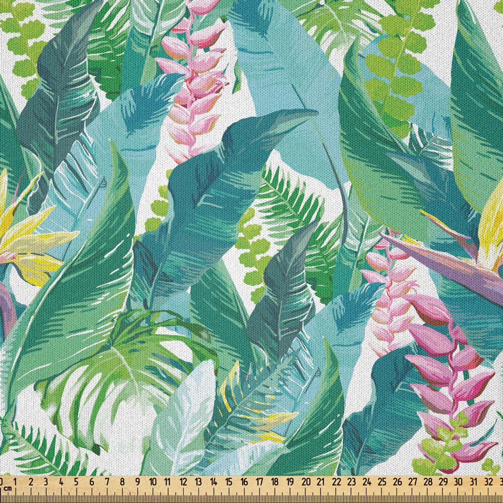 ABAKUHAUS Aquarell Microfaser Stoff als Meterware , Exotische Dschungel von Hawaii inspiriert frische grüne Blätter tropische Pflanzen, 5 M (230 ...