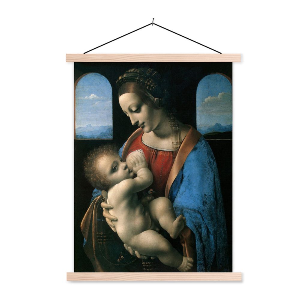 MuchoWow Textilposter Die Jungfrau Maria - Leonardo da Vinci 60x80 cm mit holzfarbenen Rahmen - Wandbild