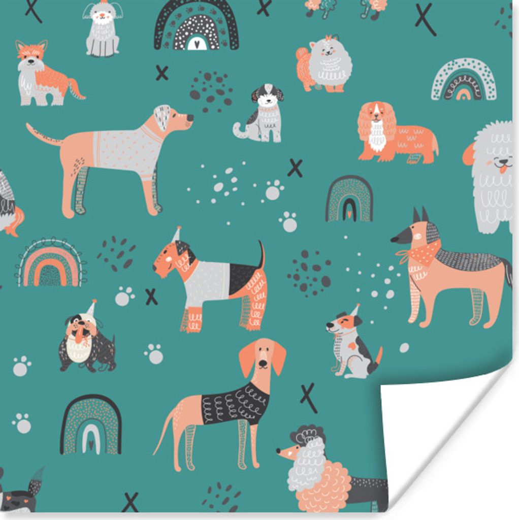 MuchoWow Poster Hund Illustration mit verschiedenen Arten von Hunden gegen einen blauen Hintergrund 75x75 cm - Wand Dekoration