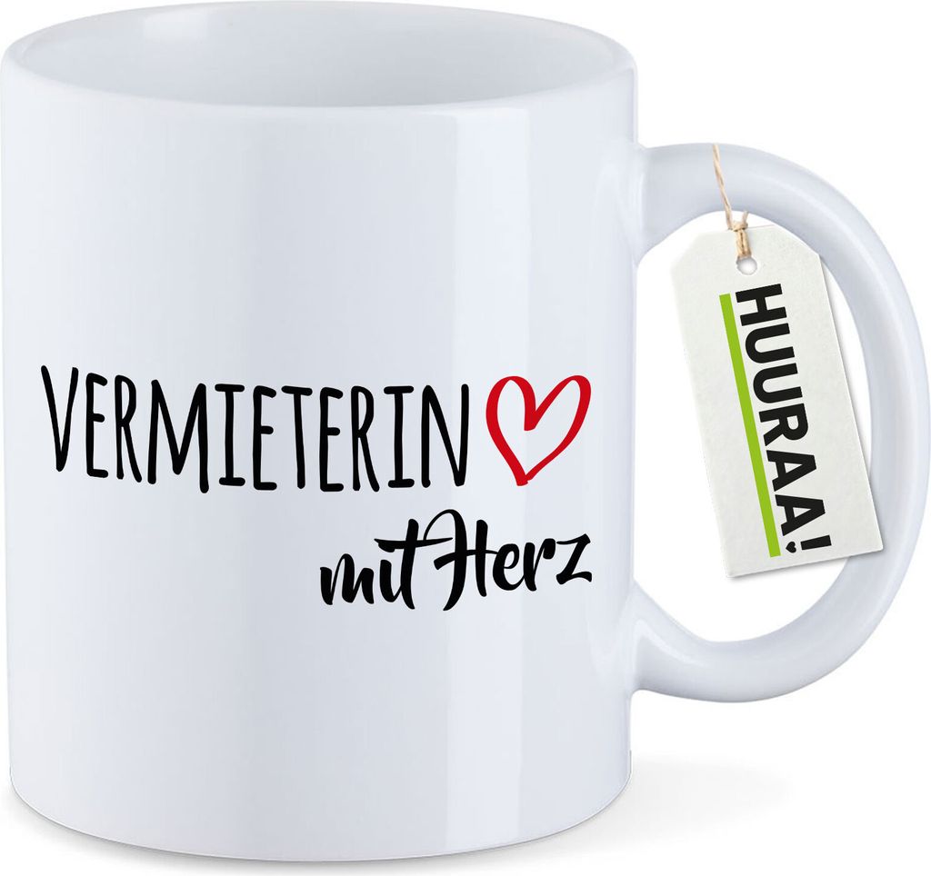 Huuraa Kaffeetasse Vermieterin mit Herz 330ml Weiß Keramik Kaffeebecher Geschenkidee