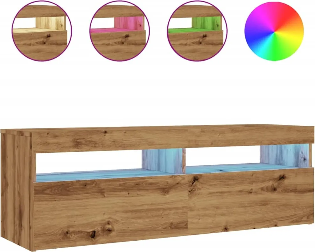 Meuble TV avec LED intégrées en bois chêne artisan design minimaliste