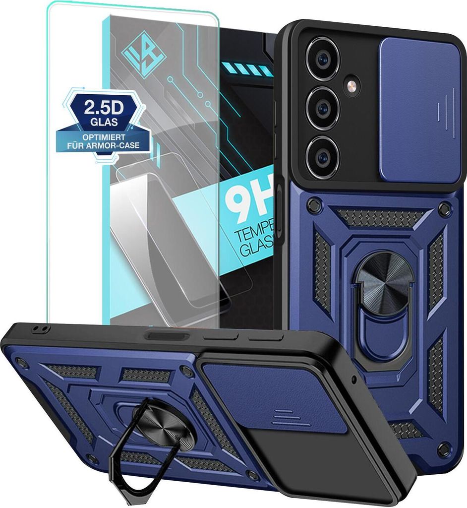 Armor Handyhülle für Samsung Galaxy S23 FE mit 9H Displayglas Displayschutz Kameraschutz Handy Panzer Case Cover Schutzhülle Outdoor Farbe: Blau