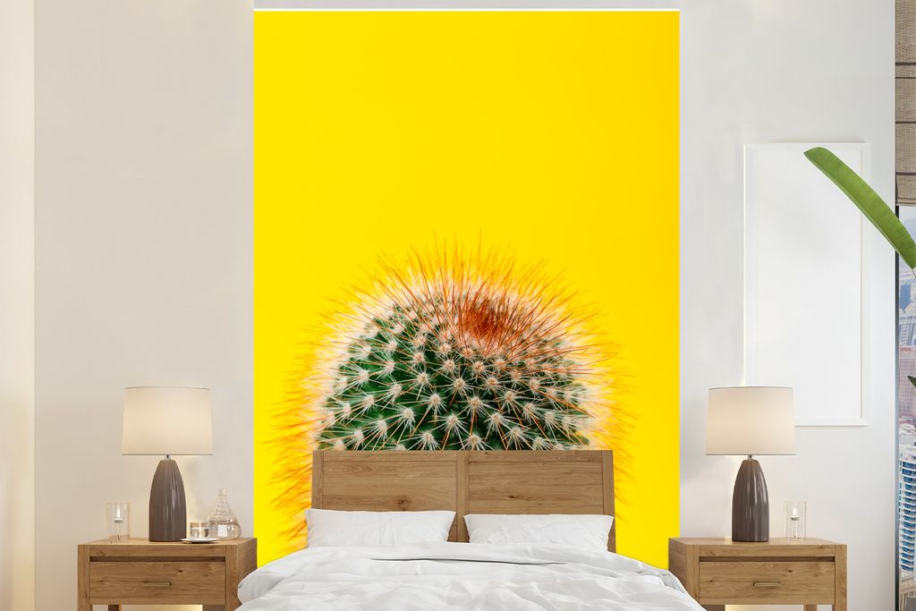 MuchoWow Fototapete für Wohnzimmer oder Schlafzimmer Wandtapete Vinyl Motivtapete Kaktus mit rot - 195x300 cm - Das Hintergrundbild