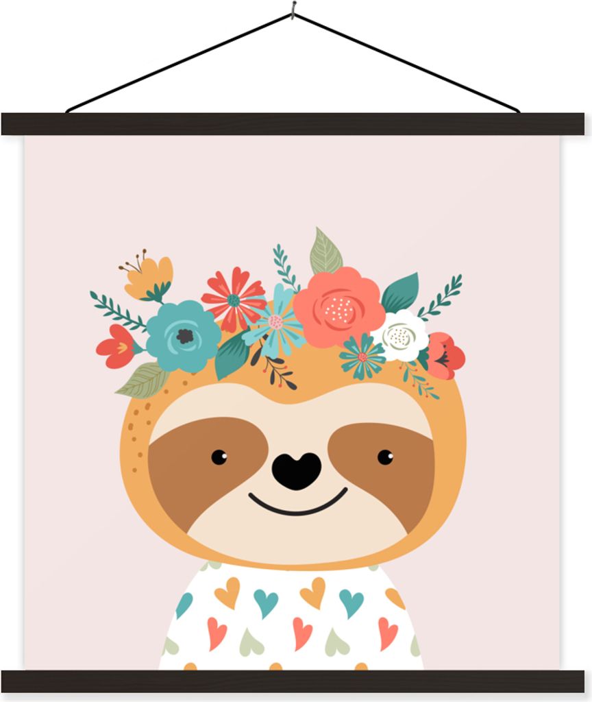 MuchoWow Textilposter Faultier - Blumen - Pastell 120x120 cm mit schwarzem Rahmen - Aufhängungsset