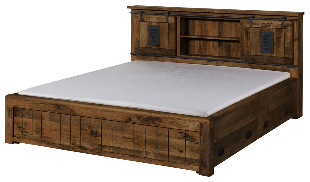 MASSIVMOEBEL24 Bett mit Schublade Mango 160x200 braun lackiert RAILWAY #471