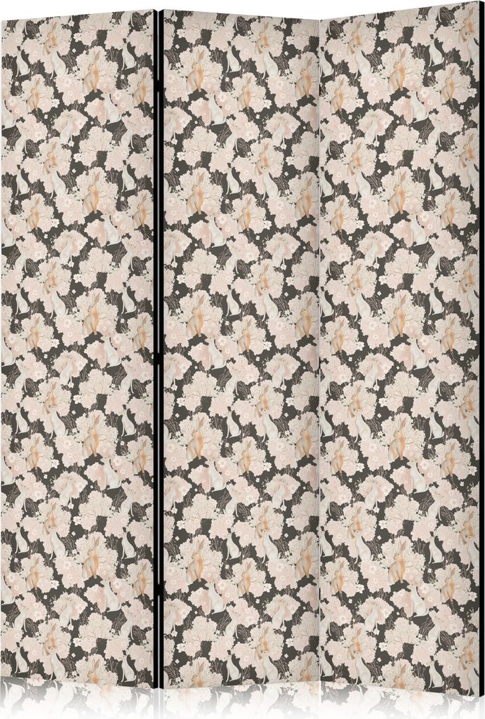 3-teiliger Doppelseitiger Vlies Paravent - Among Pink Shrubs - White and Beige Rabbits on a Blooming Meadow 135x172 cm Blumen g-B-10068-z-a