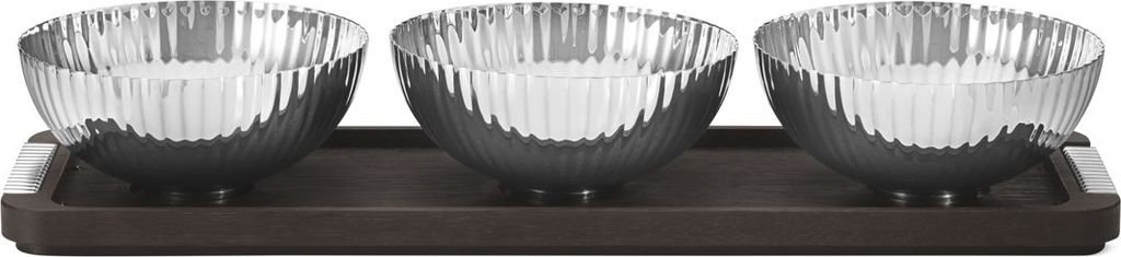 Georg Jensen BERNADOTTE TRIPLE BOWL SET IN STAND WOOD & STAINLESS STEEL 10018216