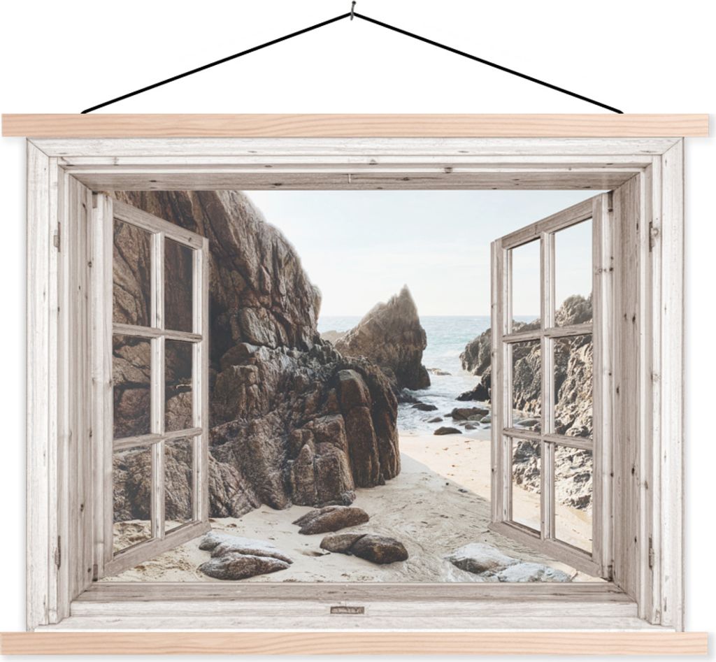 MuchoWow Textilposter Durchblick - Holz - Strand 40x30 cm mit holzfarbenen Rahmen - Bilder