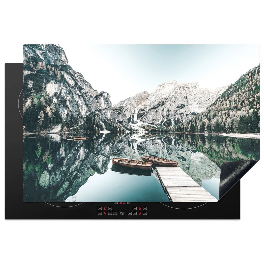 KitchenYeah Herdabdeckplatte Landschaft - Boot - Winter - Berge , 76x51cm, Küche Deko, Glaskeramikkochfeld Herdabdeckung, Abdeckplatte fùr Koch...