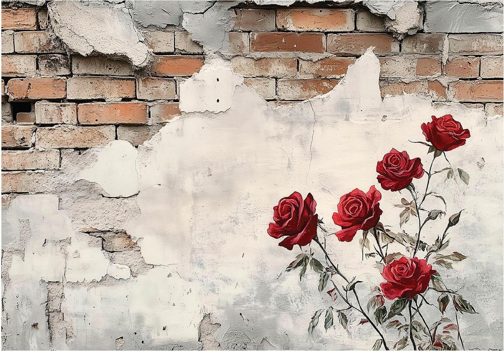 Fototapete - Blumen Betonwand - 250x175 cm - inklusive kleister - Vlies Tapete - Vliestapete Wohnzimmer Schlafzimmer Küche Modern Wandtapete
