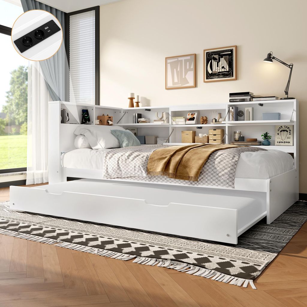 Sweiko Daybett,Schlafsofa,90x200cm,Kopfteil mit Staufach,Ausziehbares Bett,Ohne Matratze,Weiß